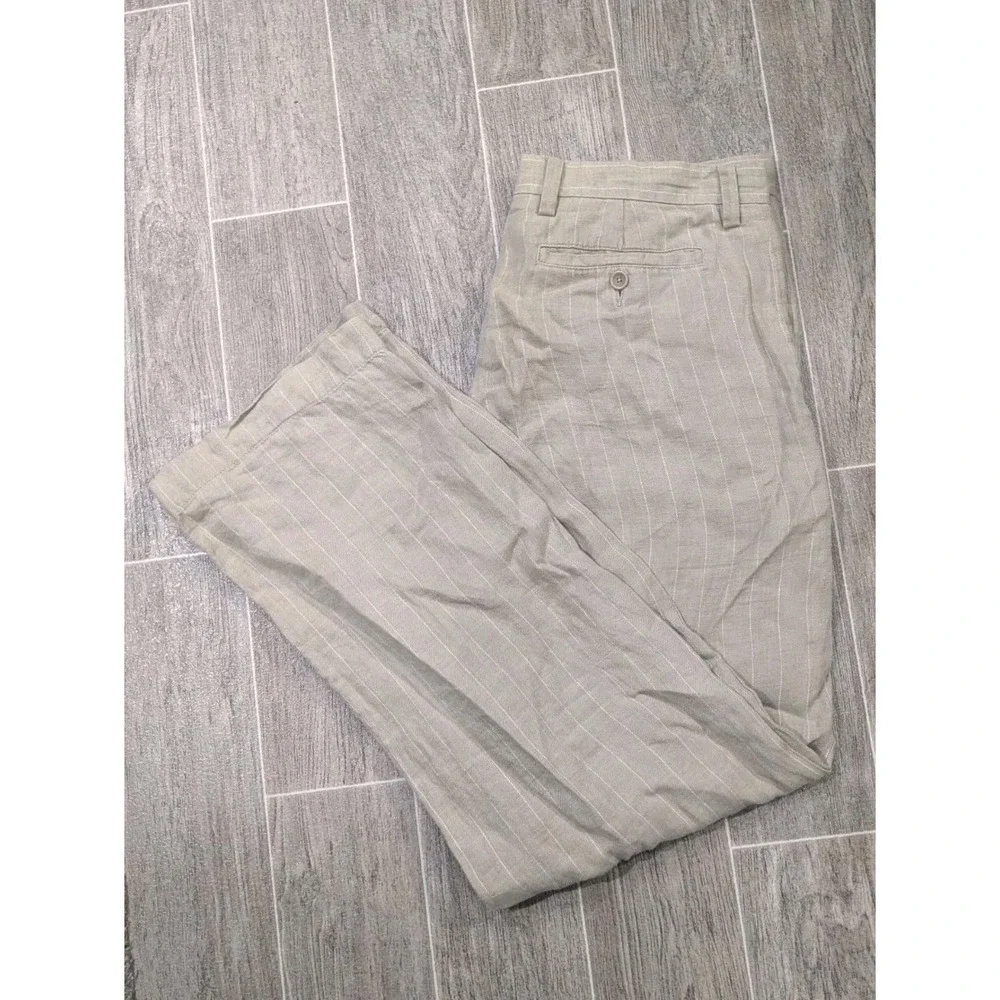 Vtg Banana Republic 100% Linen Pants 34x32 Beige Baggy Straight Chalk Stripe Y2K